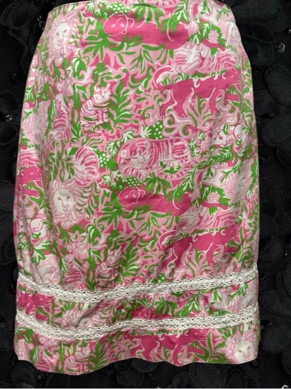 Pink & Green Animal Print Cotton Skirt with Lace Trim
